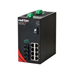 Red Lion Controls Managed Switch; 8 RJ45 Ethernet Ports; 10/100/1000 Mbps; 2 ST Single Mode Fiber Optic Ports; 100 Mbps; 12-48VDC; DIN Rail Mount